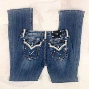 Miss Me Blue White Leather Pocket Boot Cut Jeans Sz 27